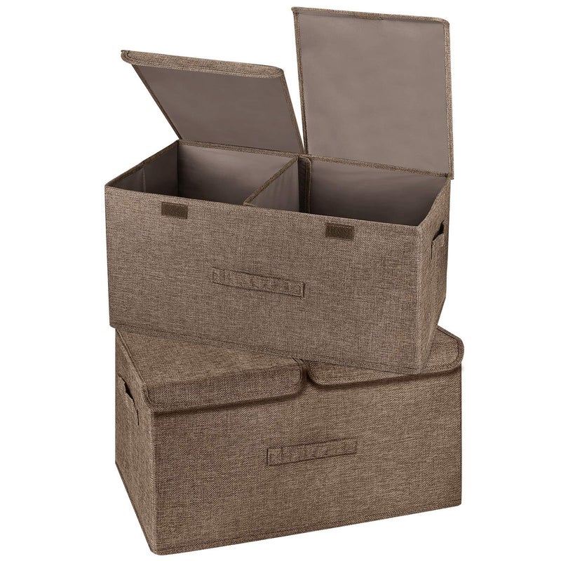 Valease 2 Pack Large Storage Boxes with Lids and Handles, Collapsible Linen Storage Bins Organizer Containers Baskets Cube with Removable Divider for Home Bedroom Closet Office (Coffee, Large) - Image 1